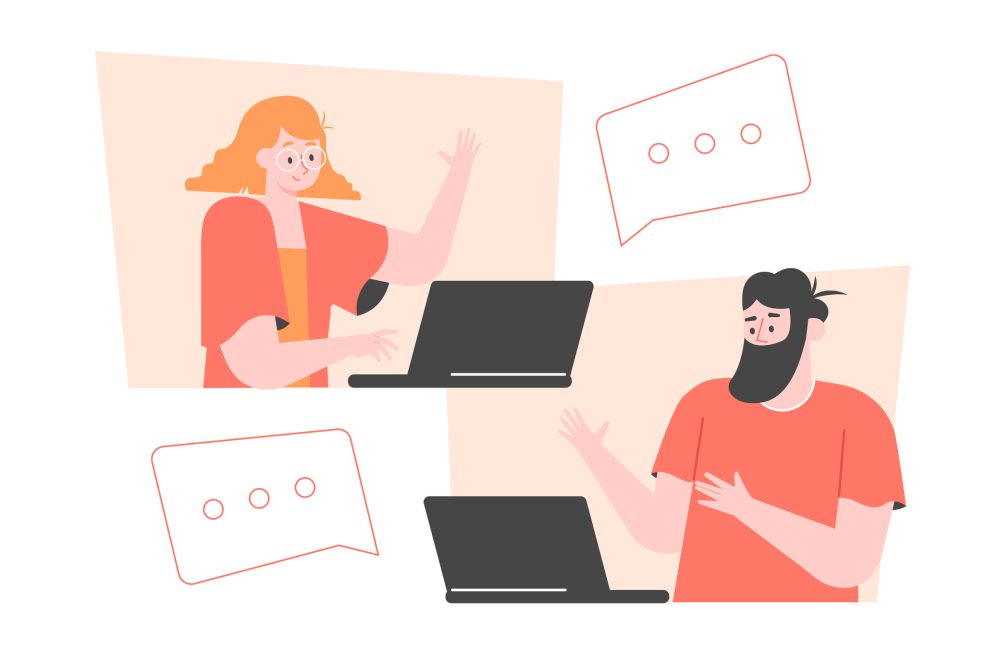 Man and woman with laptops. Online chat and communication. Messaging between colleagues, friends, lovers. Vector flat illustration.