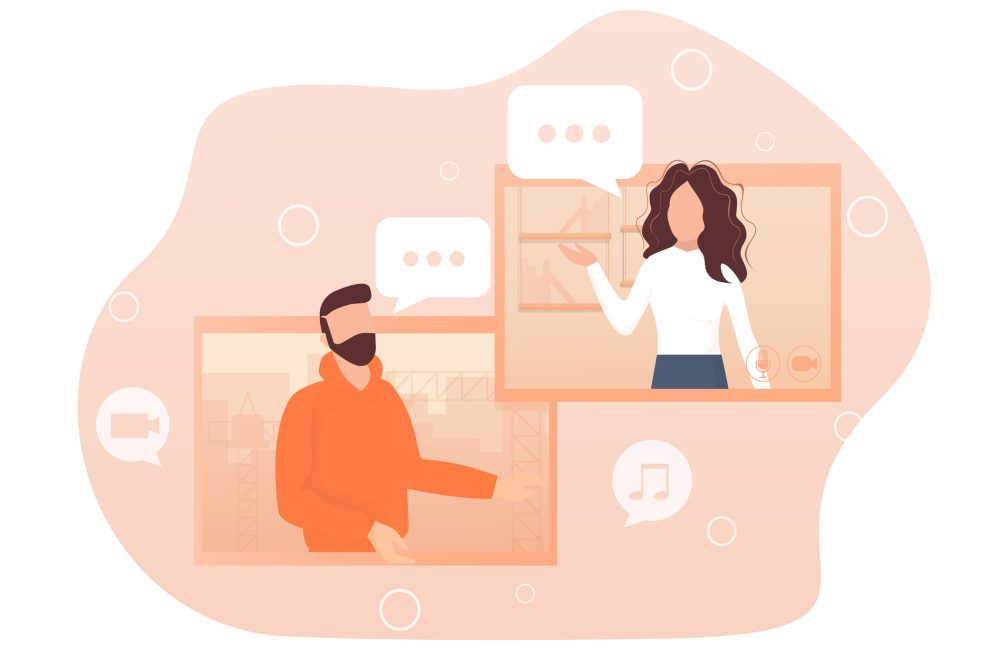 Flat illustration. Video conference. Video call between friends, chatting online by mobile app. Stay at home, work, communication remotely. Vector illustration